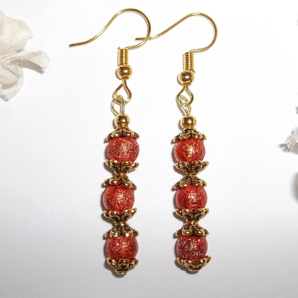 Orange and Gold Earrings Handmade Set Drop Dangle Fashion Accessory Woman 4153